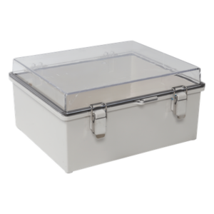 Gabinete Plástico ABS, Puerta Transparente, Uso en Intemperie (350 x 460 x 160 mm) Cierre por Broches Inoxidables y Permite Cerrado con Candado y Llave (Perno 5mm) No Incluido