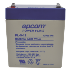 Batería 12 Vcc / 5 Ah / UL / Tecnología AGM-VRLA / Para uso en equipo electrónico Alarmas de intrusión / Incendio/ Control de acceso / Video Vigilancia / Terminales F1 / Cargador recomendado CHR-80.