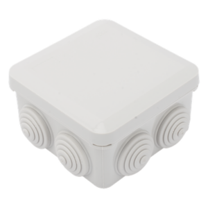 Caja Estanca, Derivación, Conexión de Plástico (89 X 89 X 50 mm) con 7 Glándulas de Goma. Para Instalaciones Comerciales,  Residenciales e Industriales. Cerrado a Presión.
