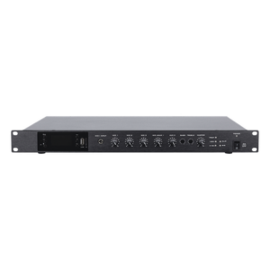 Amplificador de Audio | 1 canal | 350 W | Sistema 100V y Baja Impedancia | 4 Entradas de Micrófono Balanceadas | Bluetooth | USB | SD | FM | Montaje en Rack