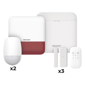 (AX PRO) KIT de Alarma AX PRO con GSM (3G/4G) / Incluye: 1 Hub con bateria de respaldo / 2 Sensores PIR / 3 Contactos Magnéticos mini / 1 Control Remoto / 1 Sirena estrobo Roja Inalambrica Exterior  / WiFi / Compatible con Hik-Connect P2P