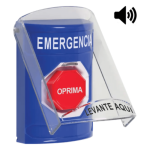 ​Botón Multipropósito, Color Azul, De Superficie, Con Tapa De Policarbonato, Con Bocina Pre Alarma, Solo Interior, Llave Para Restablecer, Texto De Emergencia, Español