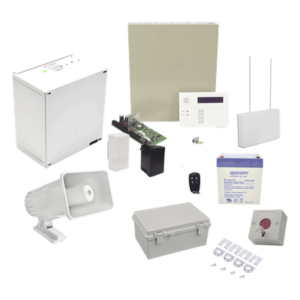 Kit de alarma vecinal con panel de 48 zonas, hasta 40 botones de pánico inalámbricos y sirena exterior