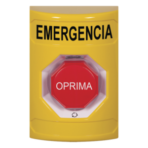 Botón de Emergencia en Español, Color Amarillo, Acción Mantenida, Girar para Restablecer y LED Multicolor