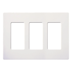 Placa de pared de 3 espacios sin tornillos visibles en acabado Snow satinado, compatible con atenuadores e interruptores Lutron Maestro, Diva, Claro y controles Pico