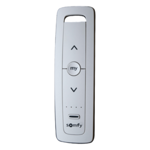 Control remoto 5 canales para motores de persiana Somfy con señal inalámbrica, instrucciones: sube, baja y detener, con posición favorita programada.