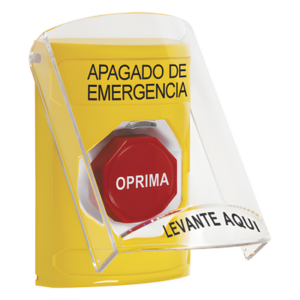 Botón de Apagado de Emergencia, Texto en Español, Tapa Protectora de Policarbonato Súper Resistente, Restablecimiento con Llave