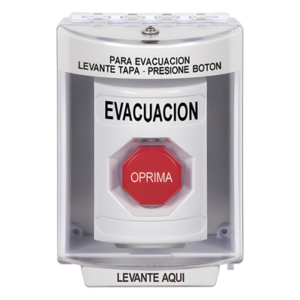 Botón de Evacuación, Cubierta de Policarbonato Súper Resistente de Superficie con Espaciador, Restablecimiento con Llave, Con Bocina de Advertencia