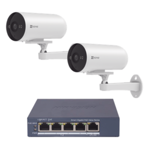 Kit de cámaras PoE Para Uso en Exterior / PoE Estandar Af / 2 piezas CS-H5/3MP/ 1 Pieza de Switch DS-3E1505P-EI/M / Vision Nocturna a Color / IP67 / Audio Bidireccional / Luz y Sirena / 4 Puertos 1000 Mbps PoE+ / 1 Puerto 1000 Mbps Uplink