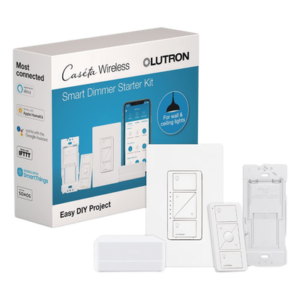 Kit de inicio Caseta Wireless con hub Smart Bridge, atenuador de pared, control Pico y placa Claro para controlar la iluminación desde la app Lutron