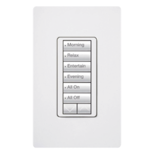 Teclado híbrido C•L de 6 botones con subir/bajar y atenuador integrado de 450 W (100 W en LED/CFL), requiere neutro, para sistema RadioRA 2, color blanco