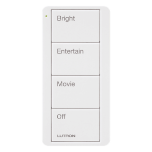 Control Pico inalámbrico de 4 botones con escenas grabadas para sala (Bright, Entertain, Movie y Off), compatible con Caseta Wireless y RA2 Select, blanco brillante