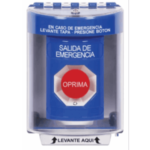 Botón Multipropósito, Color Azul, De Superficie, Con Tapa De Policarbonato, Sin Bocina, Para Interior/Exterior, Llave Para Restablecer, Texto Salida De Emergencia, Español