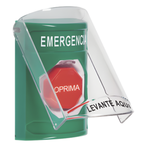 ​​Botón Multipropósito, Color Verde, De Superficie, Con Tapa De Policarbonato, Con Bocina Pre Alarma, Solo Interior, Llave Para Restablecer, Texto De Emergencia, Español