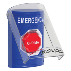 ​Botón Multipropósito, Color Azul, De Superficie, Con Tapa De Policarbonato, Sin Bocina Pre Alarma, Solo Interior, Llave Para Restablecer, Texto De Emergencia, Español