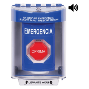 ​Botón Multipropósito, Color Azul, De Superficie con Espaciador, C/Tapa De Policarbonato, C/Bocina Pre Alarma, Interior/Exterior, Llave Para Restablecer, Texto De Emergencia, Español