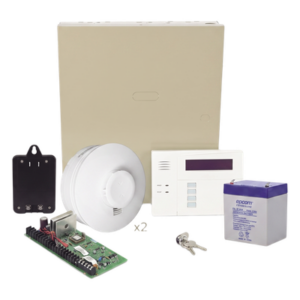 Kit de panel de intrusión de 48 zonas con 2 detectores de humo inalámbricos incluidos, 3 particiones y carga/descarga por Internet