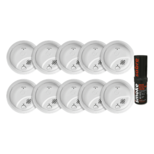 Kit de 10 Detectores de Humo Autónomos FIRST ALERT por Ionización / Alarma 85 dB / Botón Prueba y Silencio / Probador SABRE SDI