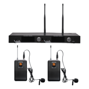 Kit de Microfonía inalámbrico | 2 Micrófonos de Lavalier | Receptor UHF | Pantalla LCD | 200 Canales | Gran cobertura