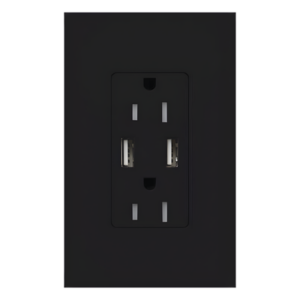 Tomacorriente de pared 15 A con dos puertos USB tipo A de 3.8 A para carga de dispositivos, resistente a manipulaciones, línea Satin Colors color Midnight