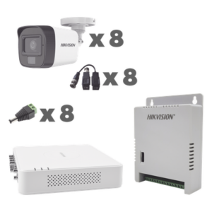KIT TurboHD 1080p / DVR 8 Canales con audio por coaxitron / 8 Cámaras con Micrófono Integrado 101° Visión/ luz blanca + IR visión nocturna / Transceptores / Conectores / Fuente de Poder Profesional