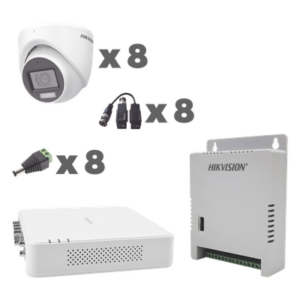 KIT TurboHD 1080p / DVR 8 Canales con audio por coaxitron / 8 Cámaras con Micrófono Integrado 101° Visión/ luz blanca + IR visión nocturna / Transceptores / Conectores / Fuente de Poder Profesional