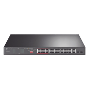 Switch No Administrable 24 Puertos PoE+ 10/100 Mbps / 2 Puertos 10/100/1000 Mbps + 2 Puertos SFP (combo) / Modo Prioridad de Tráfico / Modo Aislamiento de Red / Presupuesto PoE de 250 W / Diseño para Ideal para Vigilancia IP