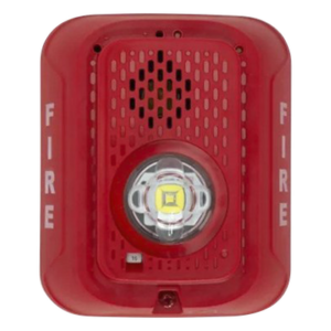 Sirena con estrobo LED de 2 hilos para pared, 24 Vcd, candela seleccionable hasta 185 cd, puntos de prueba DVM, color rojo
