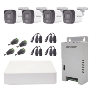 Kit TURBOHD 1080p / DVR 4 Canales / 4 Cámaras con Micrófono Integrado y 101° Visión / Luz Blanca + IR Visión Nocturna / Transceptores / Conectores / Fuente de Poder Profesional Compacta