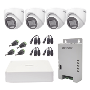 KIT TurboHD 1080p / DVR 4 Canales con audio por coaxitron / 4 Cámaras con Micrófono y 106° Visión/ luz blanca + IR visión nocturna / Transceptores / Conectores / Fuente de Poder Profesional