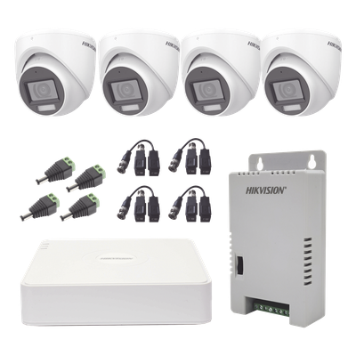 KIT TurboHD 1080p / DVR 4 Canales con audio por coaxitron / 4 Cámaras con Micrófono y 106° Visión/ luz blanca + IR visión nocturna / Transceptores / Conectores / Fuente de Poder Profesional
