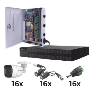 KIT TurboHD 1080p / DVR 16 Canales / 16 Cámaras Bala Policarbonato con Microfono (exterior 2.8 mm) / Transceptores / Conectores / Fuente de Poder Profesional