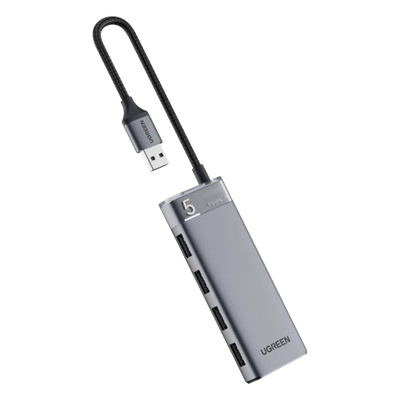 HUB USB-A 3.2 Gen1 4 EN 1 | 4 Puertos USB-A (5Gbps) | Carcasa ABS + PC | Soporta OTG | Luz Indicadora LED | Cable de Nylon Trenzado de 20cm (Mas de 20000 flexiones) | Interfaz Niquelada | Color Gris Metalizado.