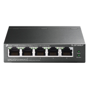 Switch PoE No Administrable de Escritorio / 5 puertos 10/100 Mbps / 4 puertos PoE af / Presupuesto 41 W / Modo extensor PoE hasta 250 metros / Calidad video prioritaria