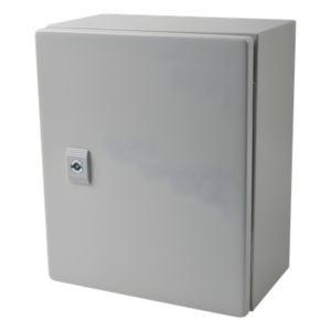 Gabinete de Acero IP66 Uso en Intemperie (250 x 300 x 150 mm) con Placa Trasera Interior Metálica y Compuerta Inferior Atornillable (Incluye Chapa y Llave T).