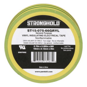 Cinta Eléctrica STRONGHOLD para Aislar, de PVC, Uso Construcción General en Tierras Físicas, Grosor de 0.13 mm (5 mil), Ancho de 19.05 mm, y 20.12 m de Largo, Color Amarillo/Verde.