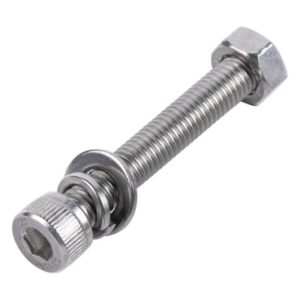1 Tornillo Allen Milimétrico de Acero Inoxidable  M8-1.25 x 25 / 1 Pza. /Con 1 Tuerca, 1 Arandela de Presión y 1 Plana / Para Montajes de Módulos Foto Voltaicos .